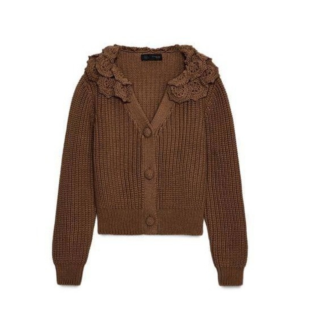 NWT Zara Floral Textured Cardigan Jacket Brown Chunky Knit Crochet Flower